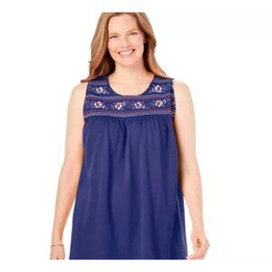 Woman Within Plus Size Embroidered Crewneck Tank Blue 1X Sleeveless 22/24